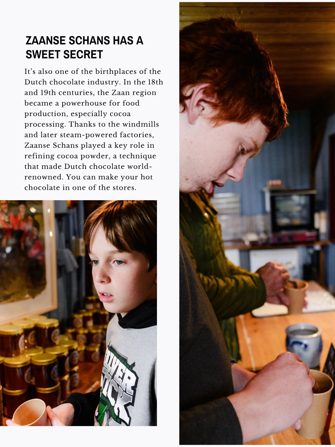 Text and images showing children making and drinking hot chocolate during a cocoa experience at Zaanse Schans.