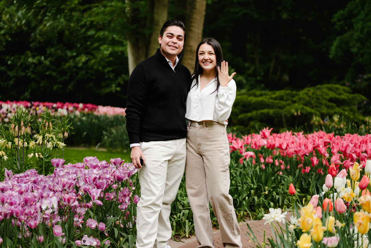 Surprise engagement proposal at Keukenhof Gardens during tulip season in May