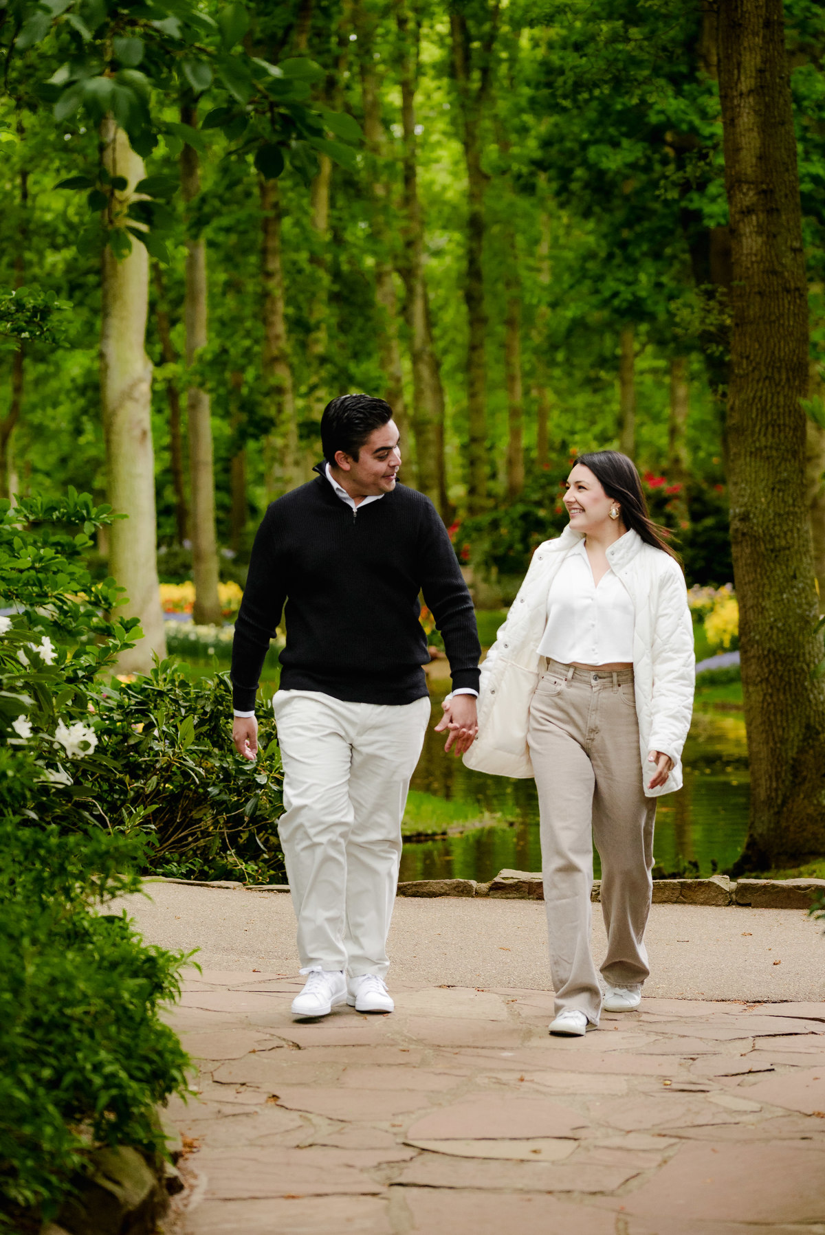 Surprise engagement proposal at Keukenhof Gardens during tulip season in May