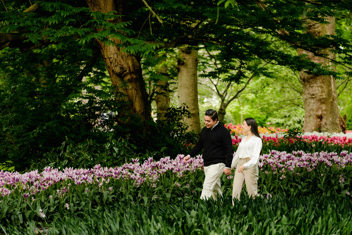 Surprise engagement proposal at Keukenhof Gardens during tulip season in May