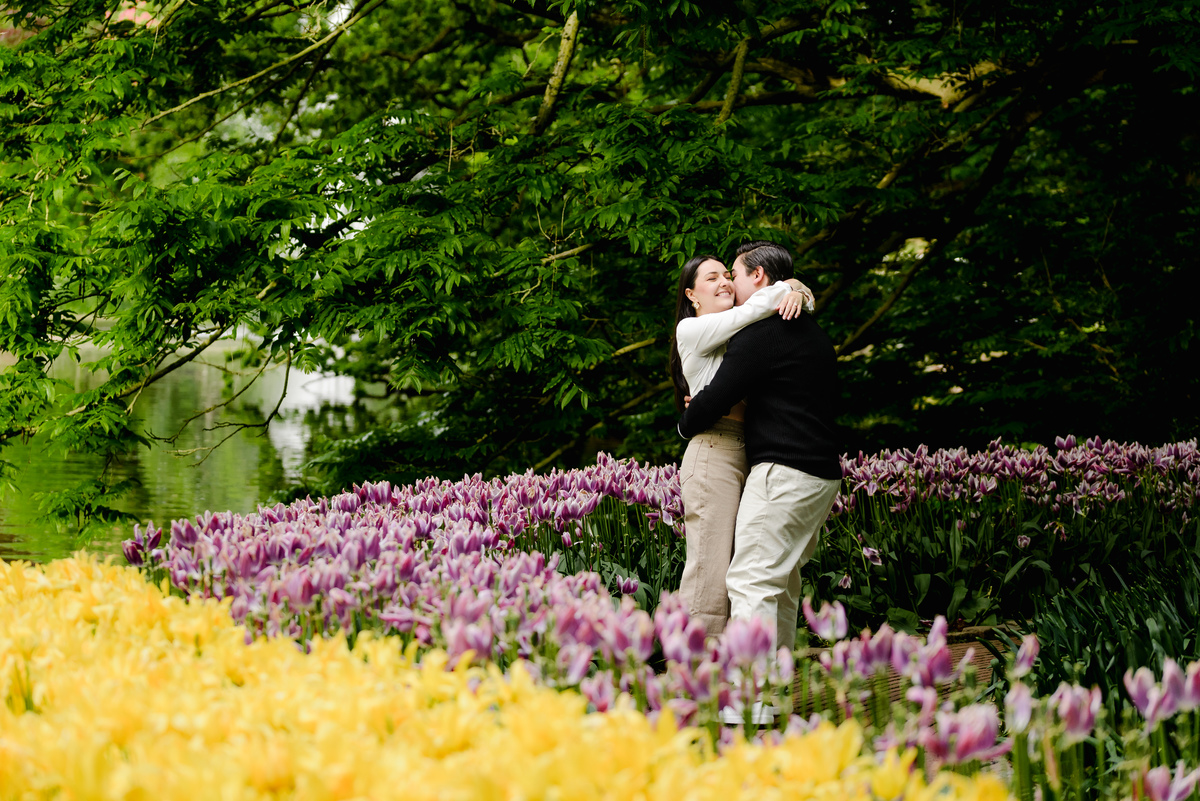 Surprise engagement proposal at Keukenhof Gardens during tulip season in May