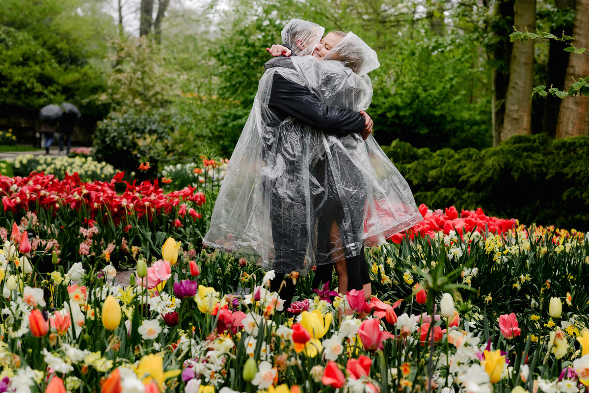Just-engaged couple hugging among colorful tulips at Keukenhof, rain visible on their transparent ponchos.