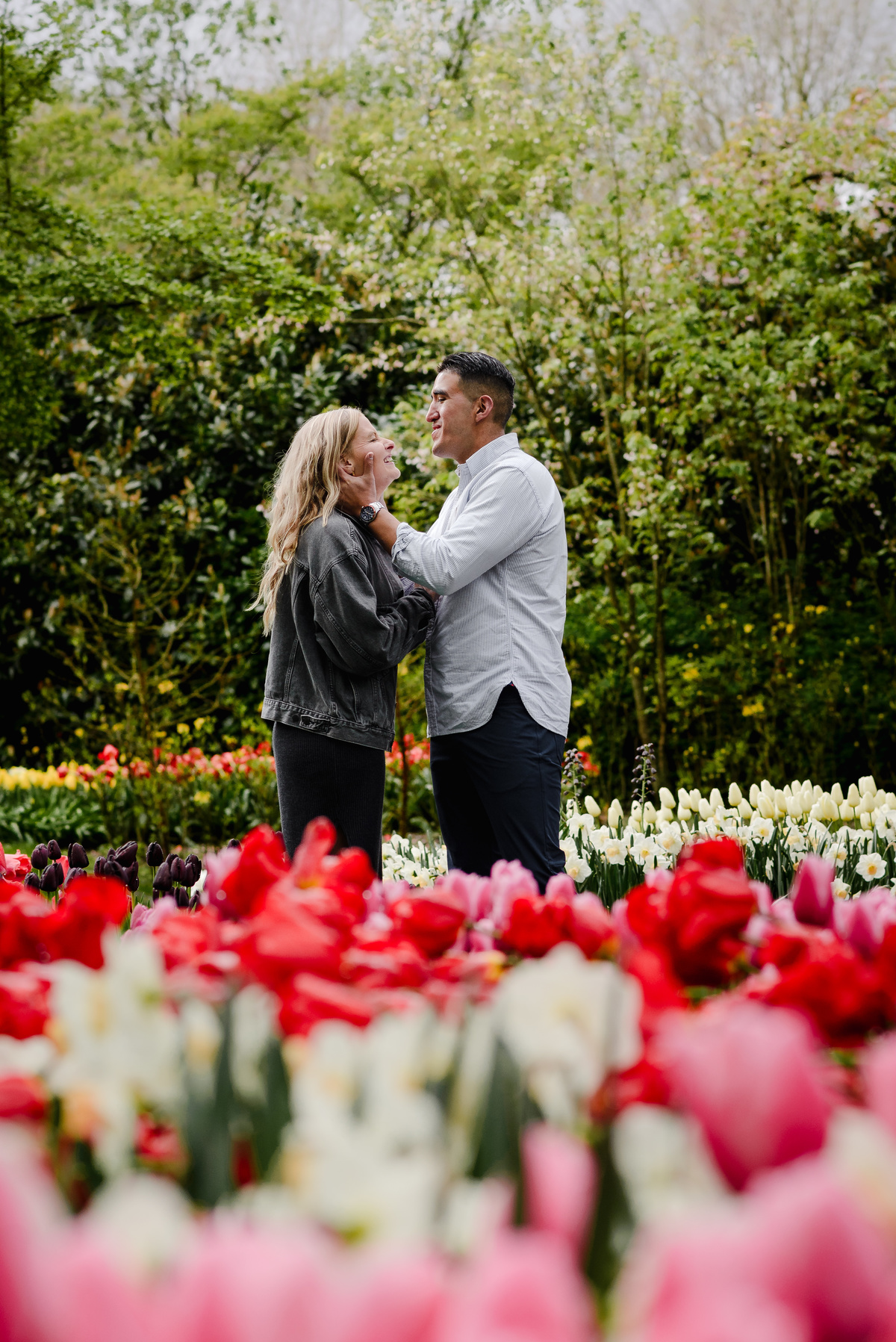 Romantic engagement moment between couple in tulip fields at Keukenhof