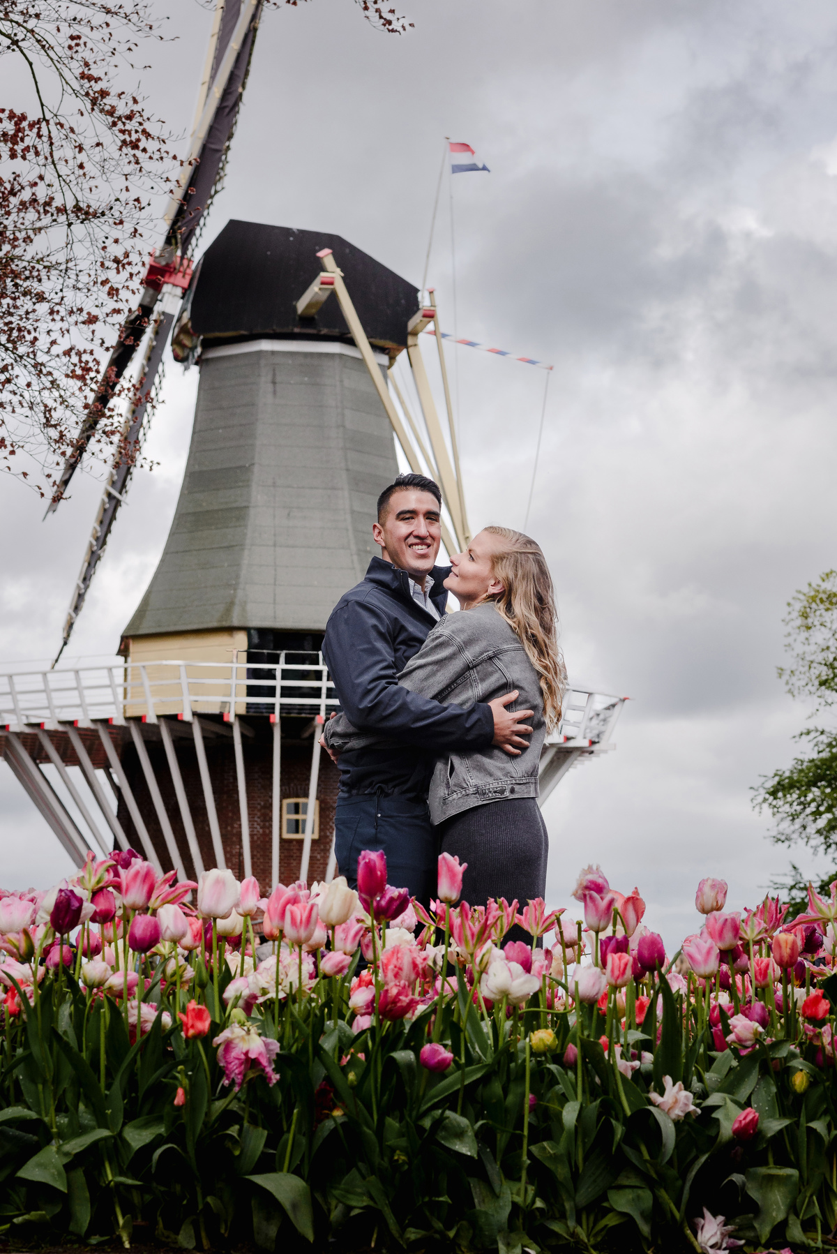 Engaged couple hugging near windmill at Keukenhof Gardens in springtime