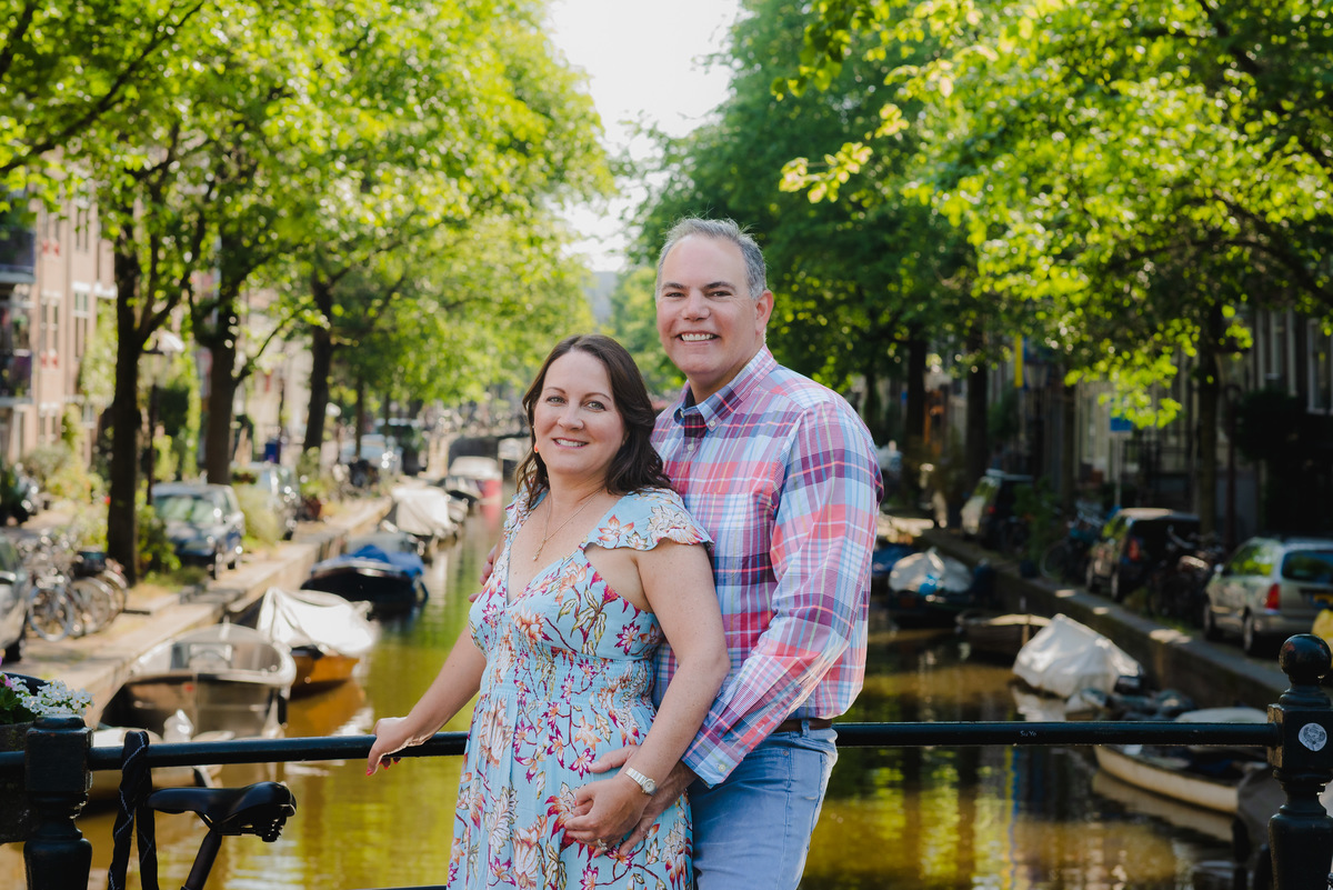 Couple celebrating wedding anniversary in Amsterdam canal district