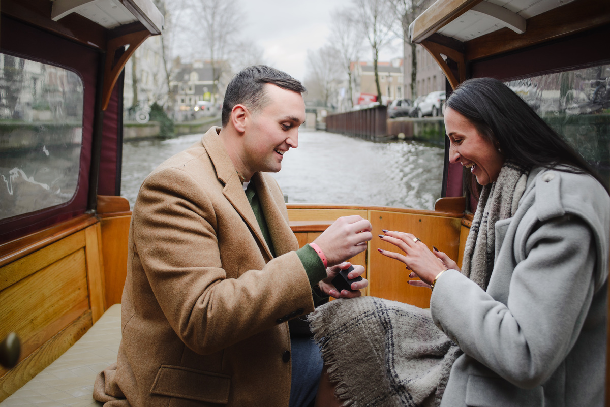 engagement moment on Amsterdam canals