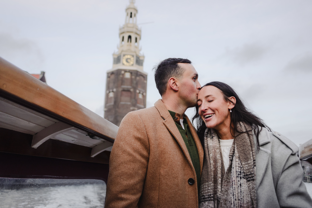 romantic engagement on Amsterdam canal boat