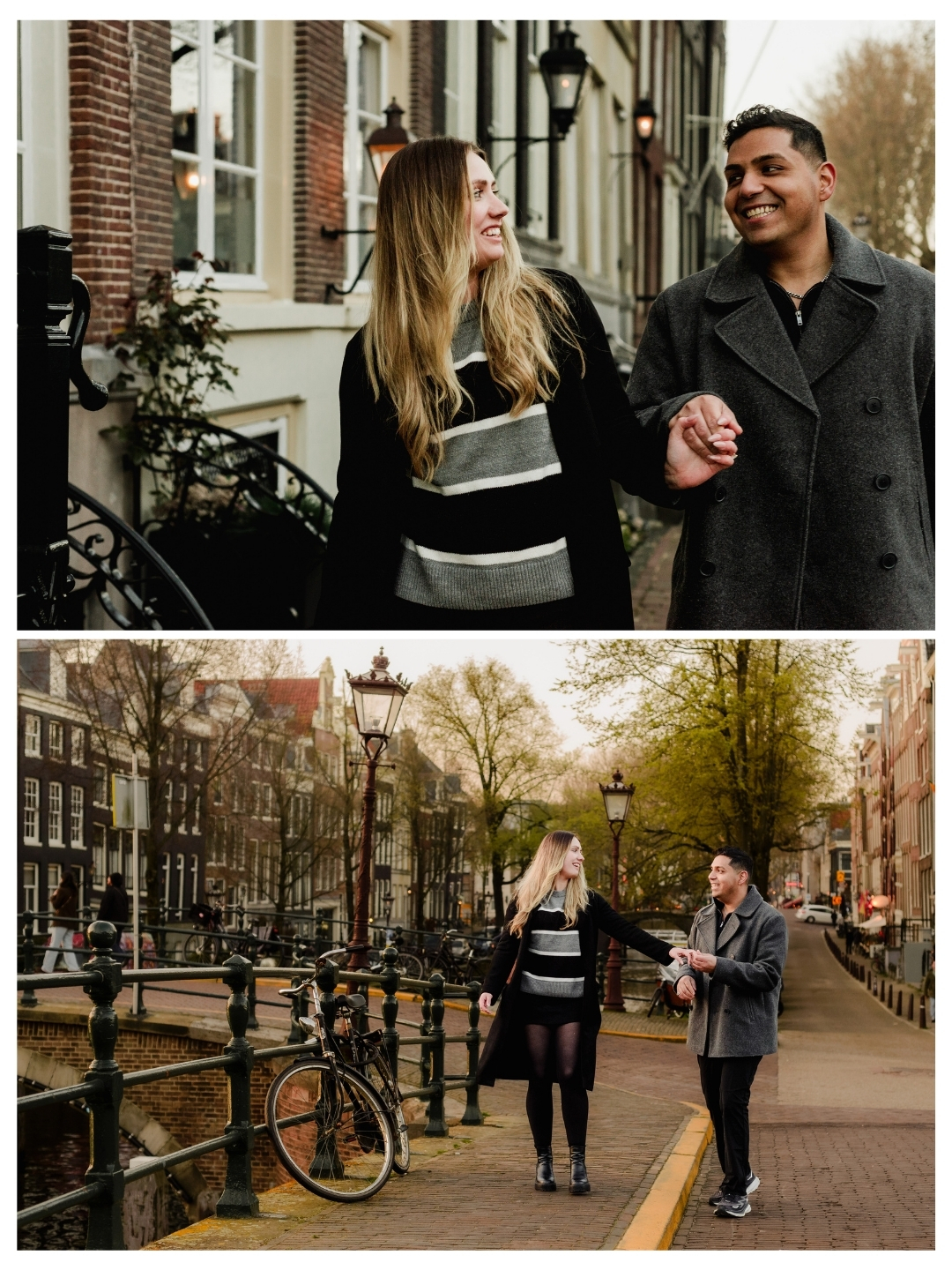 Couple enjoying a walk in Amsterdam after engagement on the canals
