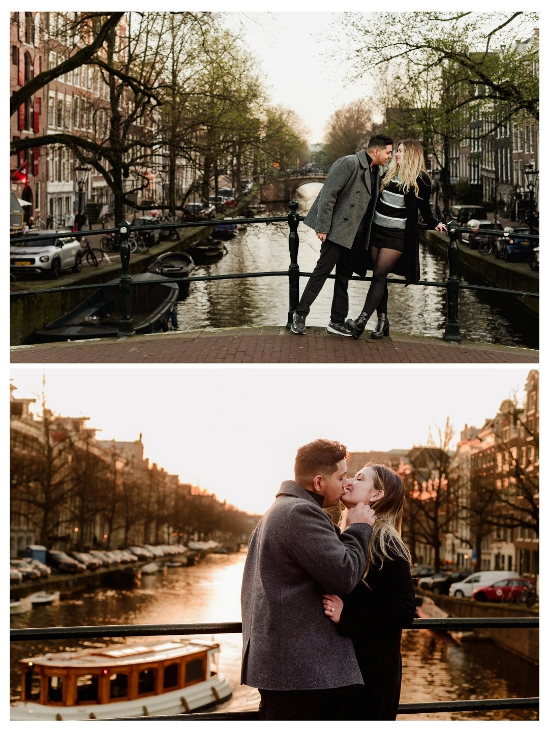 Couple enjoying a walk in Amsterdam after engagement on the canals