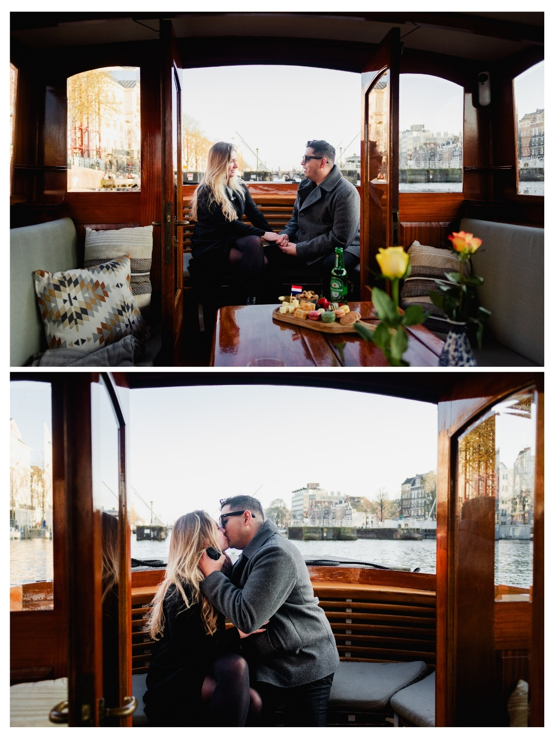 Engagement moment on Amsterdam canals with city views and water reflections
