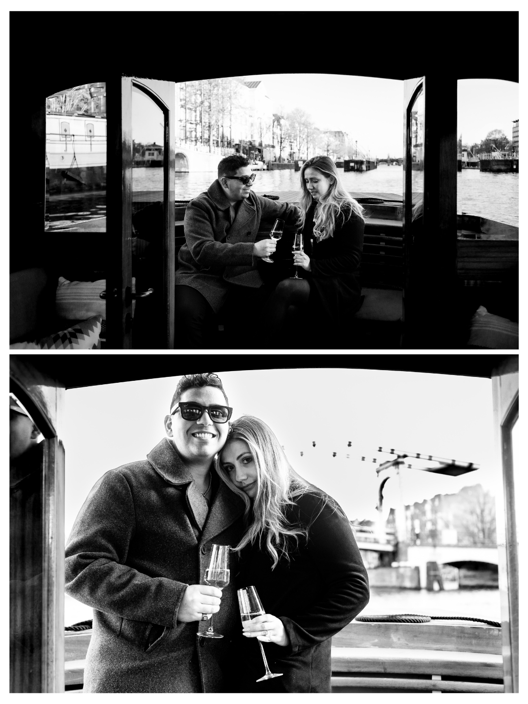 Couple celebrating engagement on a boat in Amsterdam with natural emotions