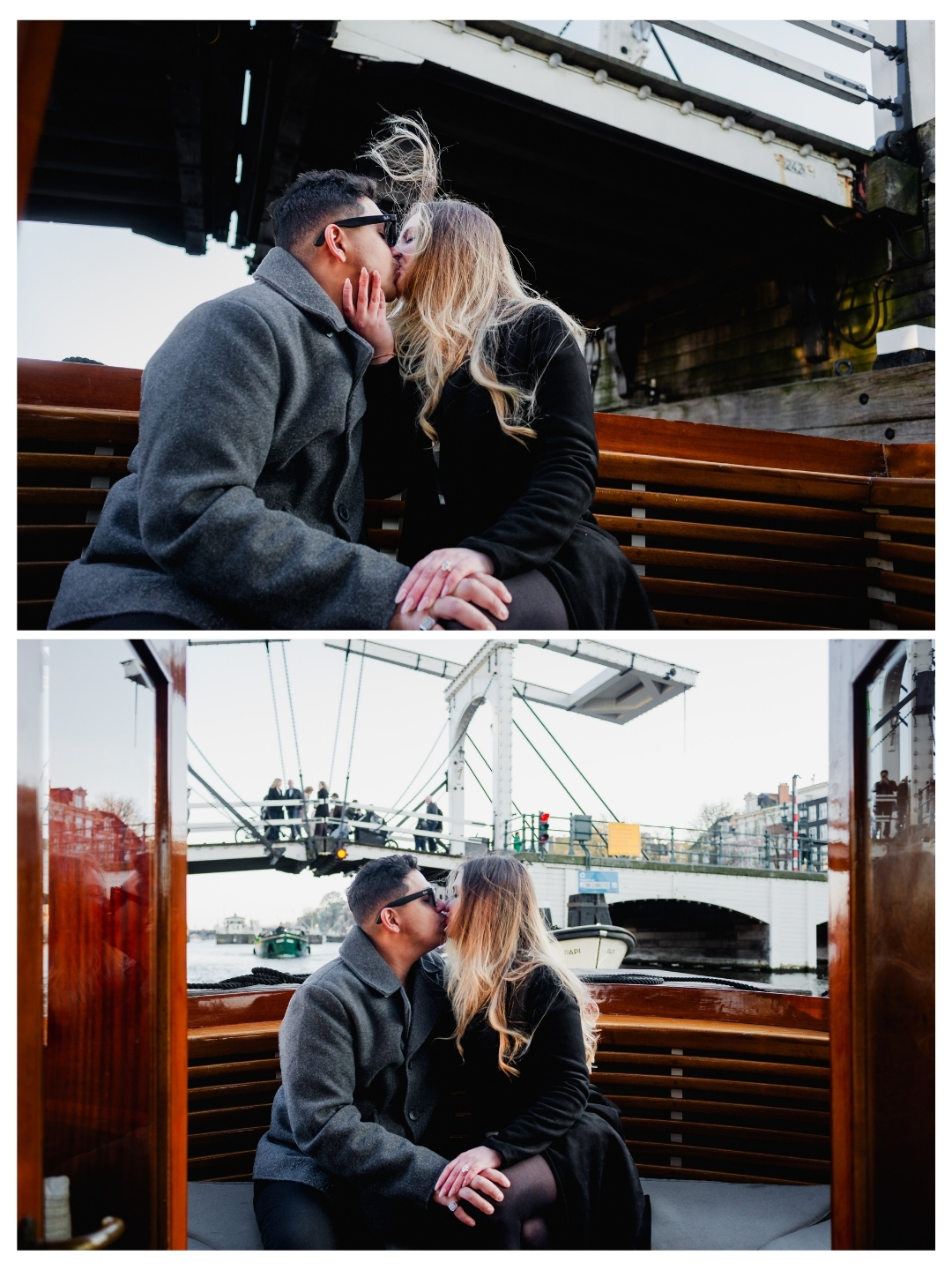 Couple during engagement proposal on a private boat in Amsterdam canals