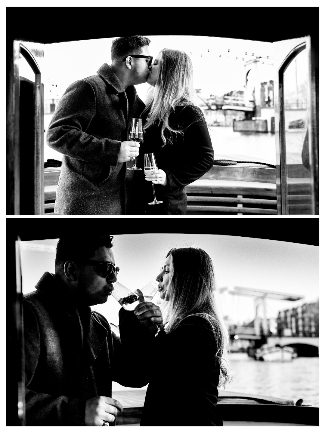 Couple celebrating engagement on a boat in Amsterdam with natural emotions