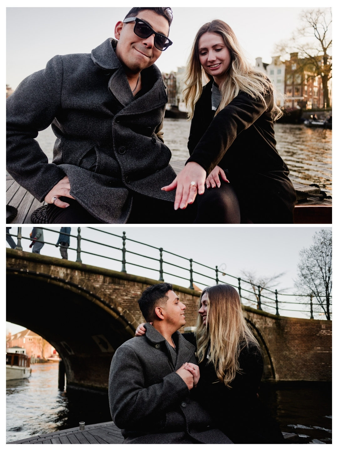 Engagement moment on Amsterdam canals with city views and water reflections