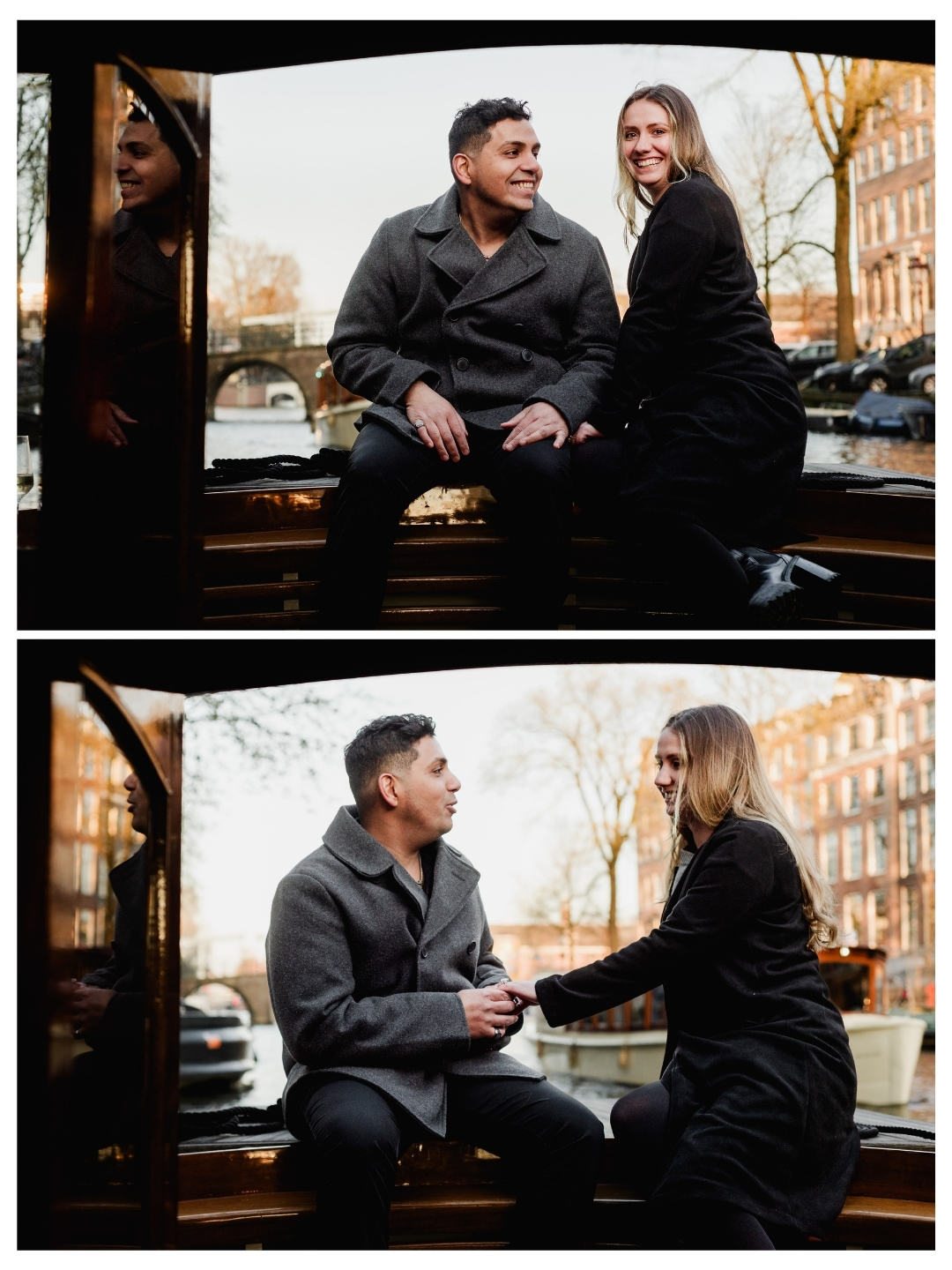 Engagement moment on Amsterdam canals with city views and water reflections