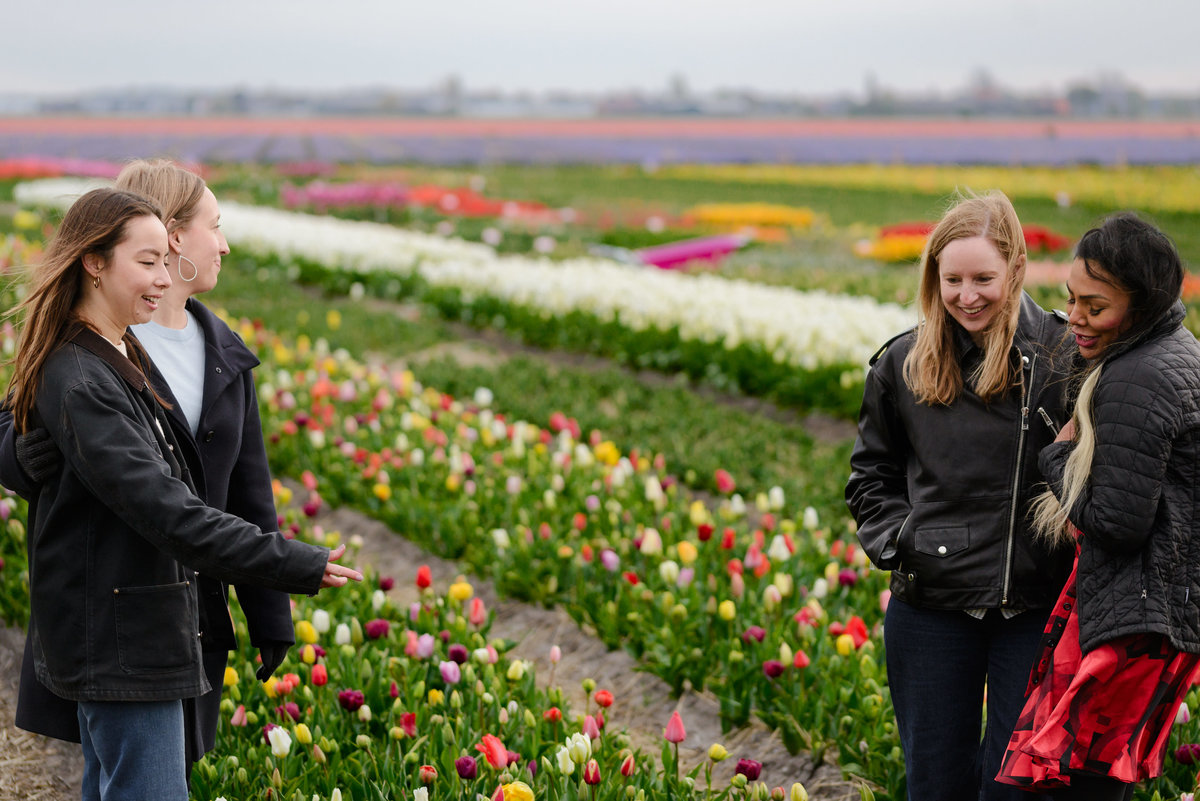 Four friends talking to each other on their last day of the trip. They are in a tulip garden named Tulip Experience Amsterdam during Tulip Season 2026. They are surrounded by tulips. 