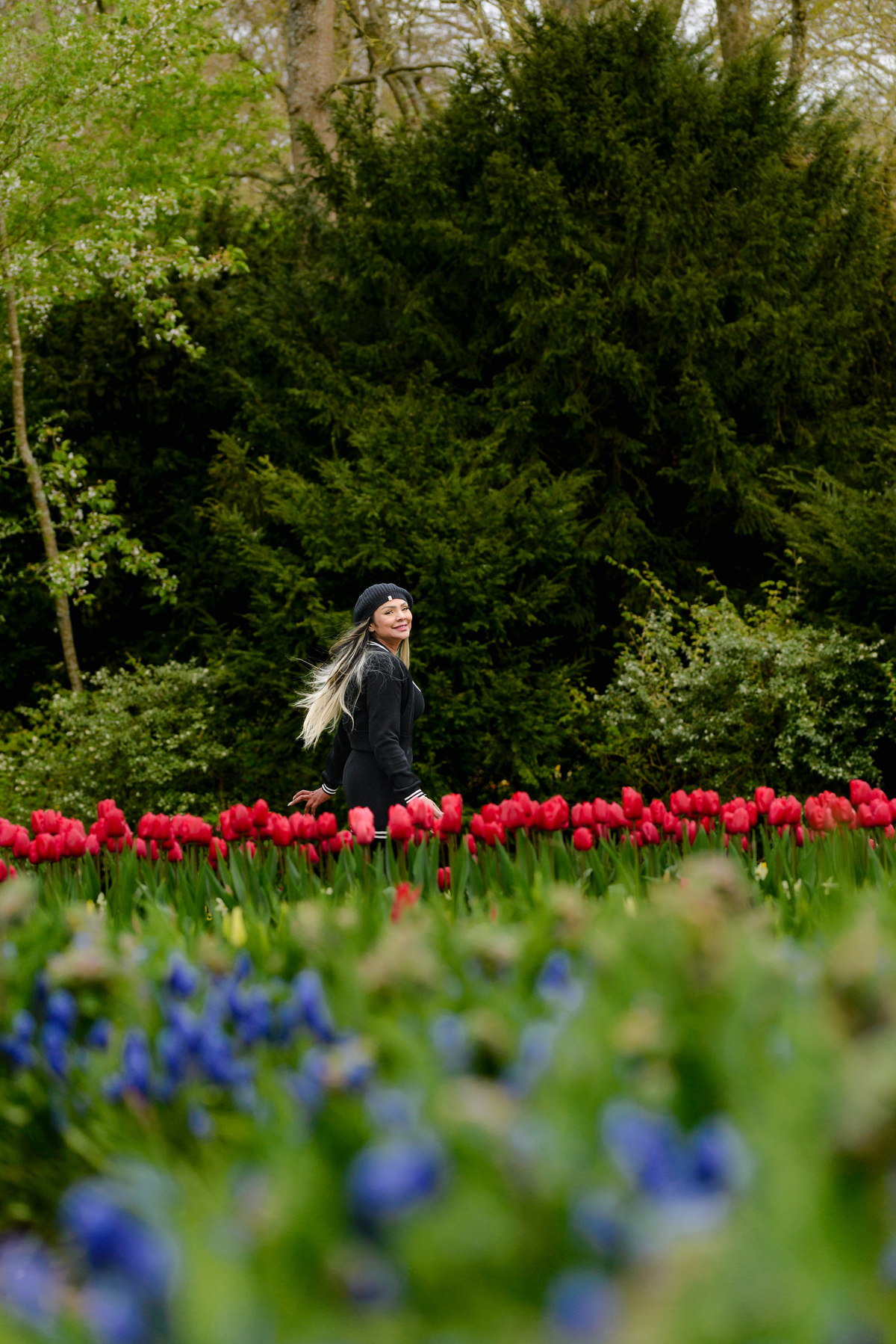 Solo traveler walking among the tulips at Keukenhof Gardens during tulip season 2026. This is a photoshoot. 