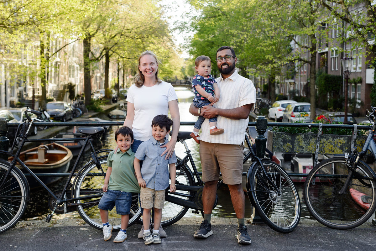 Family portrait beside an Amsterdam canal