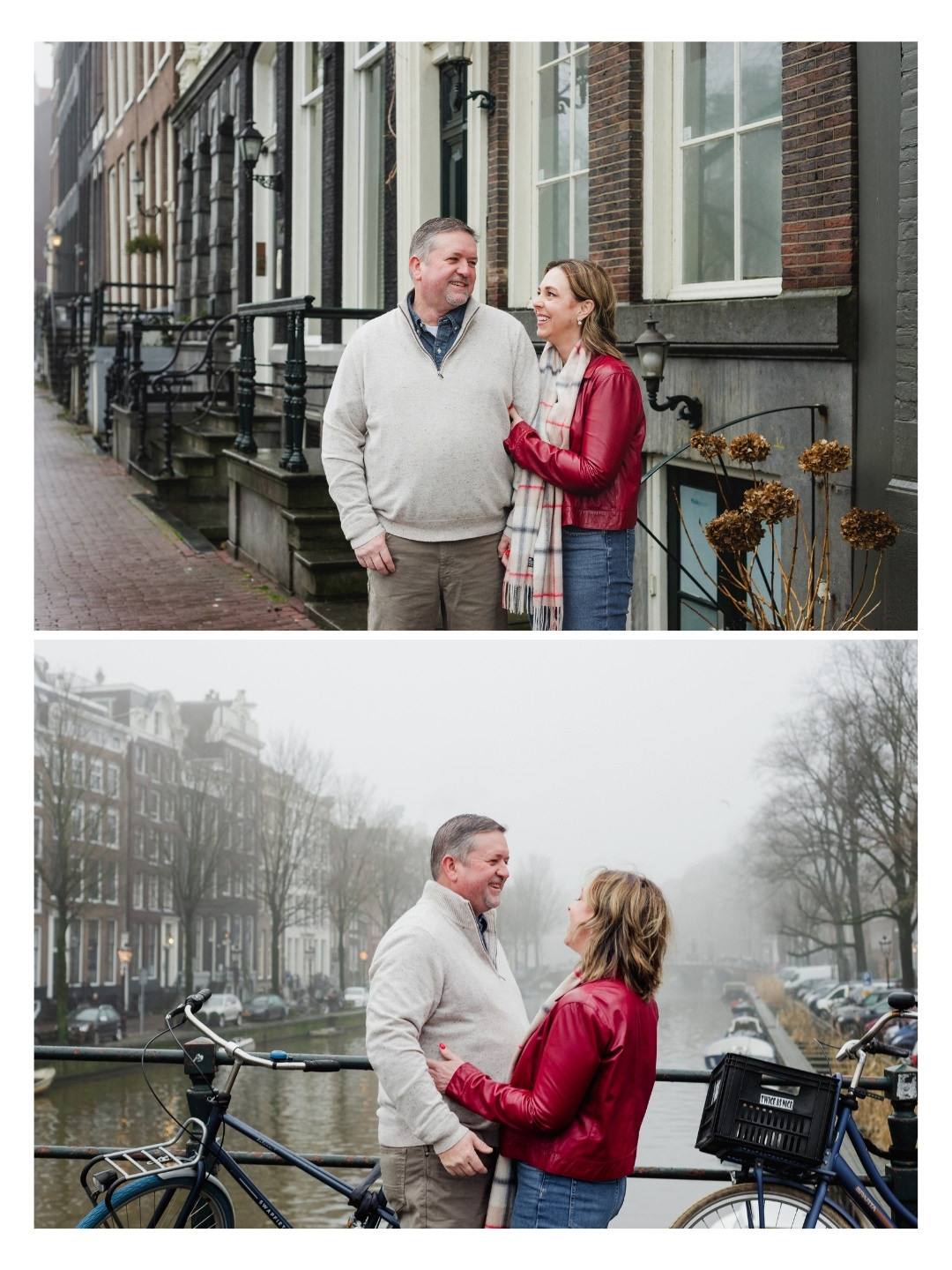 Couple standing beside a bicycle along an Amsterdam canal during a romantic photography session.
