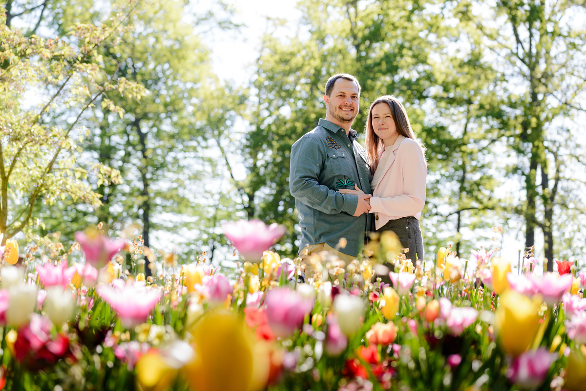 Close portrait of a newly engaged couple surrounded by tulips during spring.