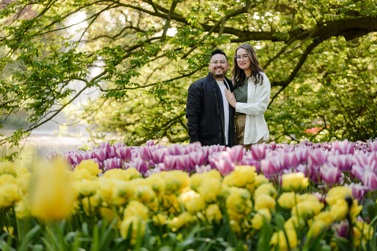Couple posing beneath spring trees surrounded by yellow and purple tulips in the Netherlands.