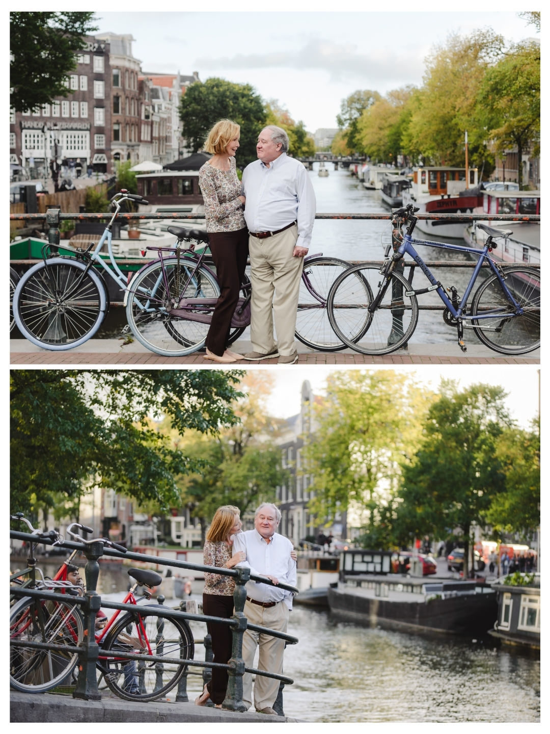 Couple embracing on a canal bridge surrounded by bicycles and historic Amsterdam houses.