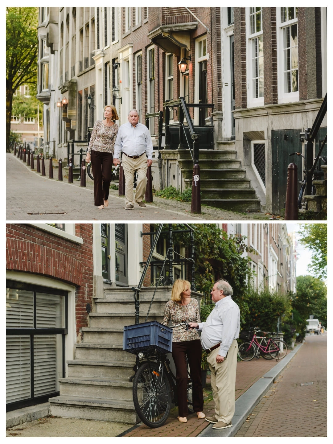 Couple exploring historic Amsterdam streets and canals during a relaxed city walk.