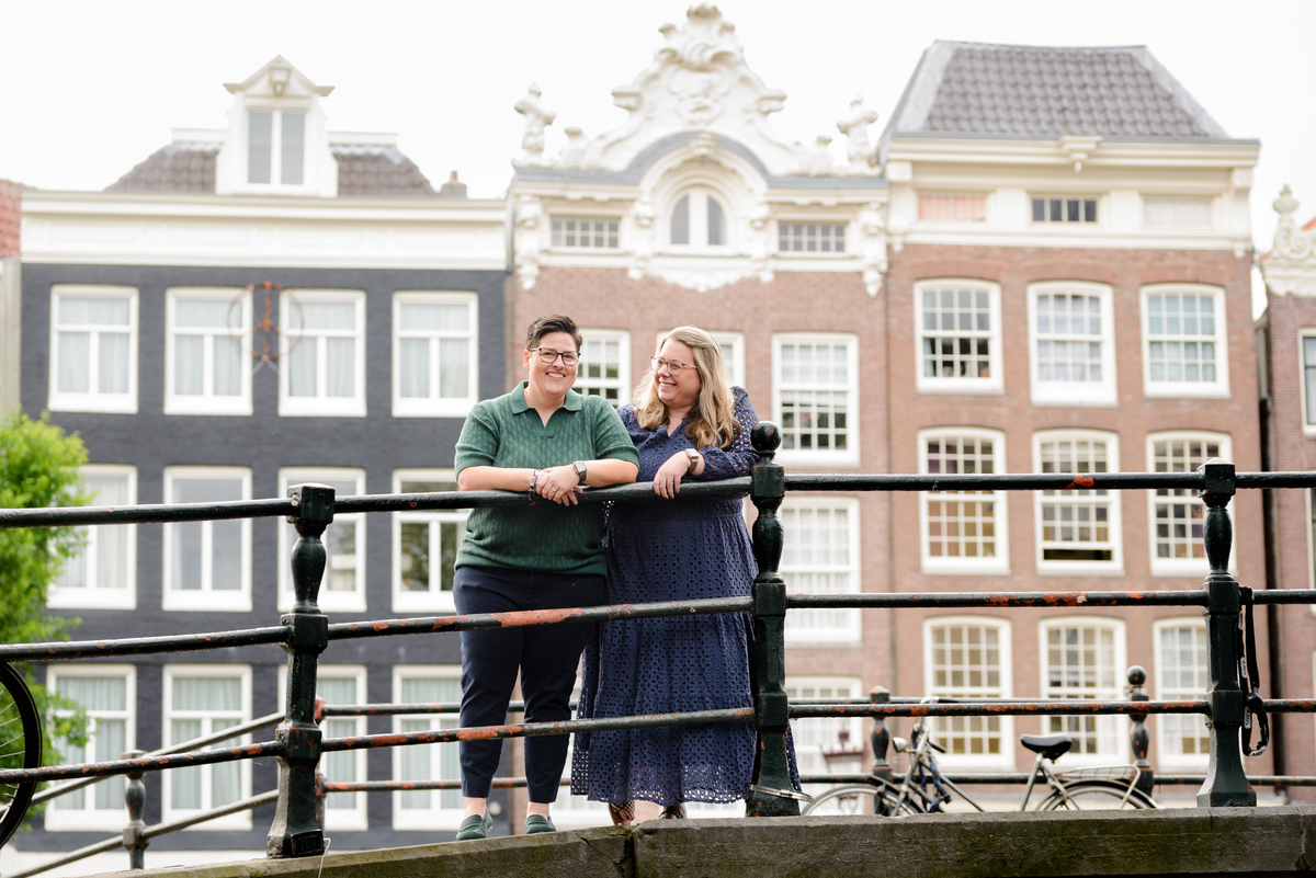 Natural portrait of a couple smiling together in Amsterdam.