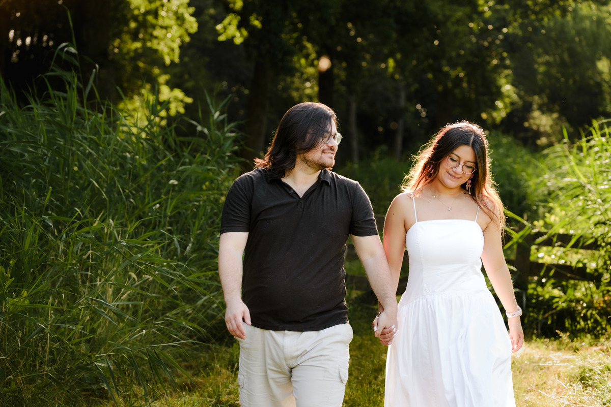 Couple holding hands beneath trees during an Amsterdam engagement session.