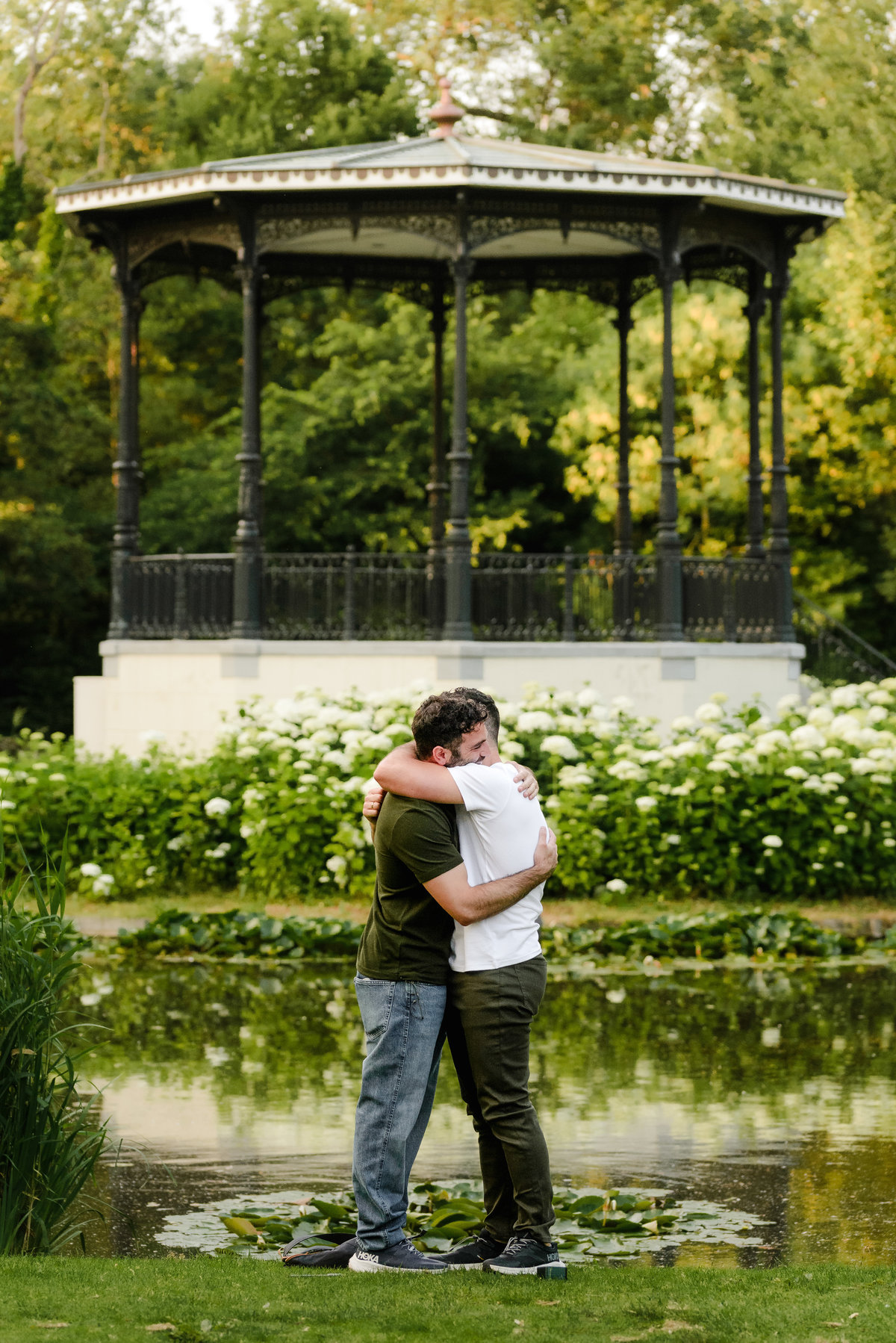 Emotional reaction after a surprise proposal in Vondelpark, main park in the center of Amsterdam