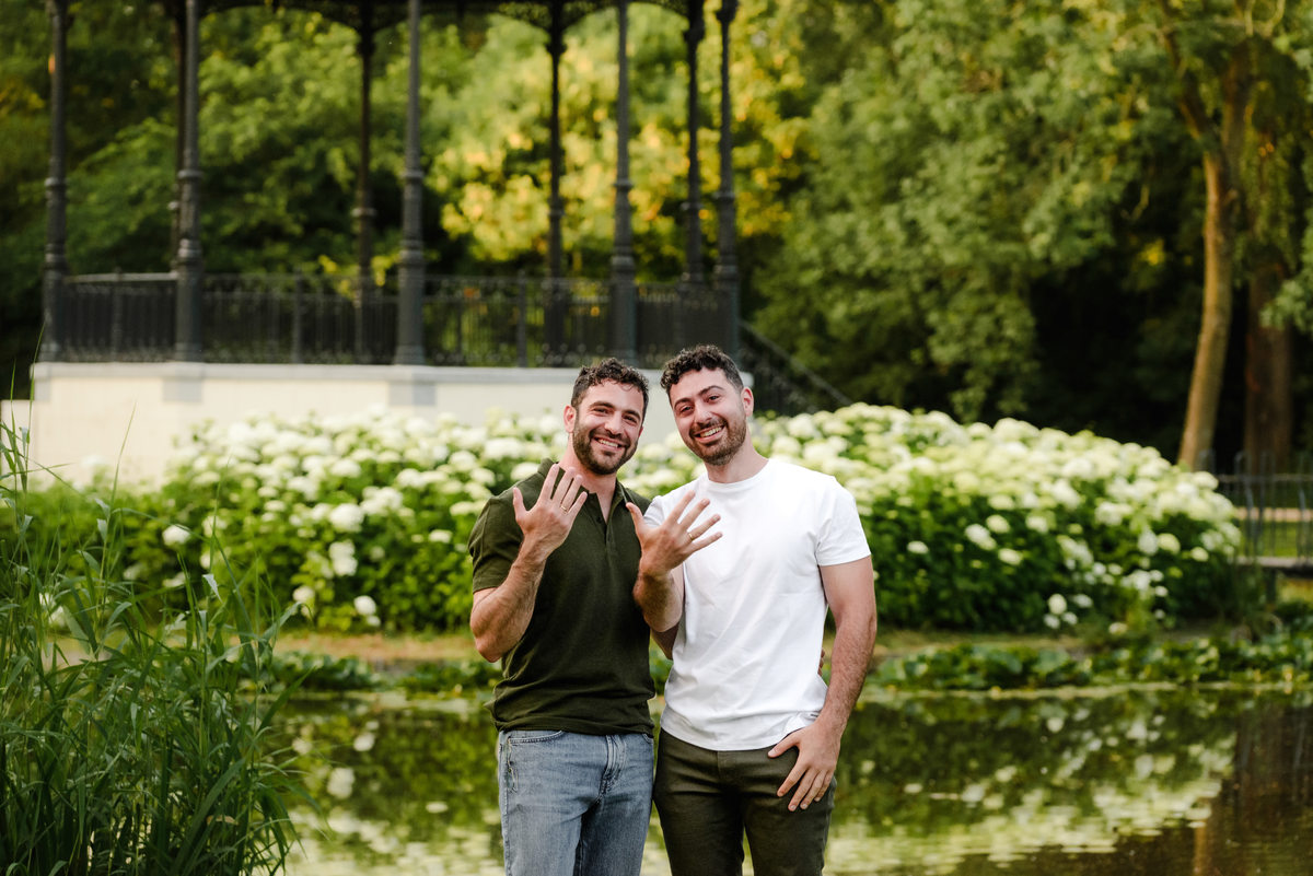 Newly engaged couple celebrating together in Amsterdam.