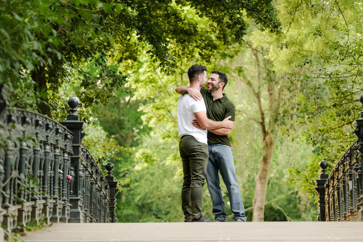 Romantic engagement portraits captured during golden hour in Vondelpark