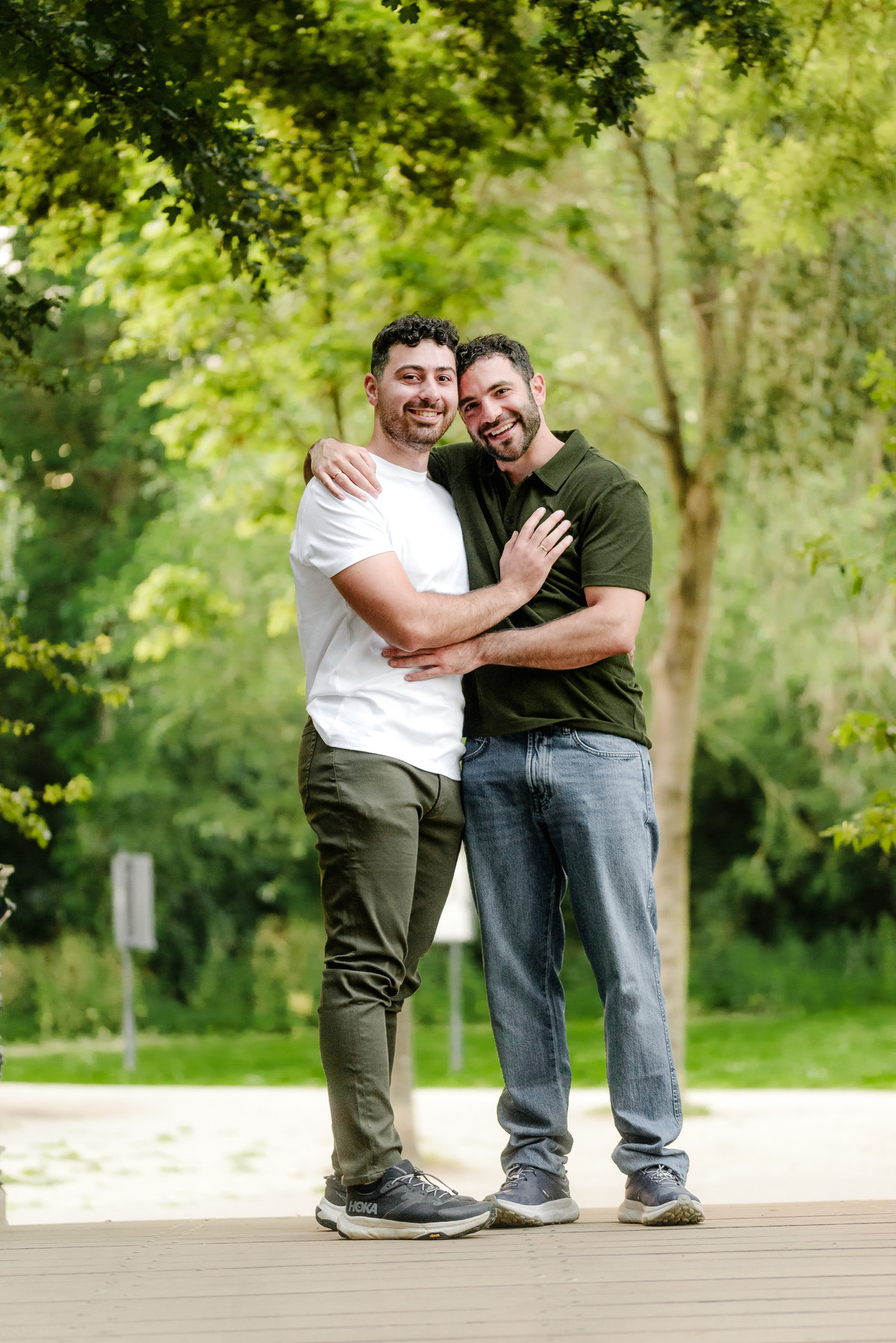 Romantic engagement portraits captured during golden hour in Vondelpark