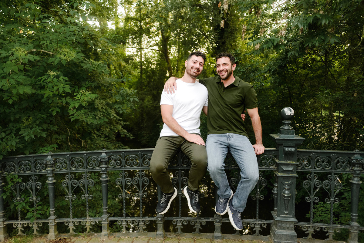 Romantic engagement portraits captured during golden hour in Vondelpark