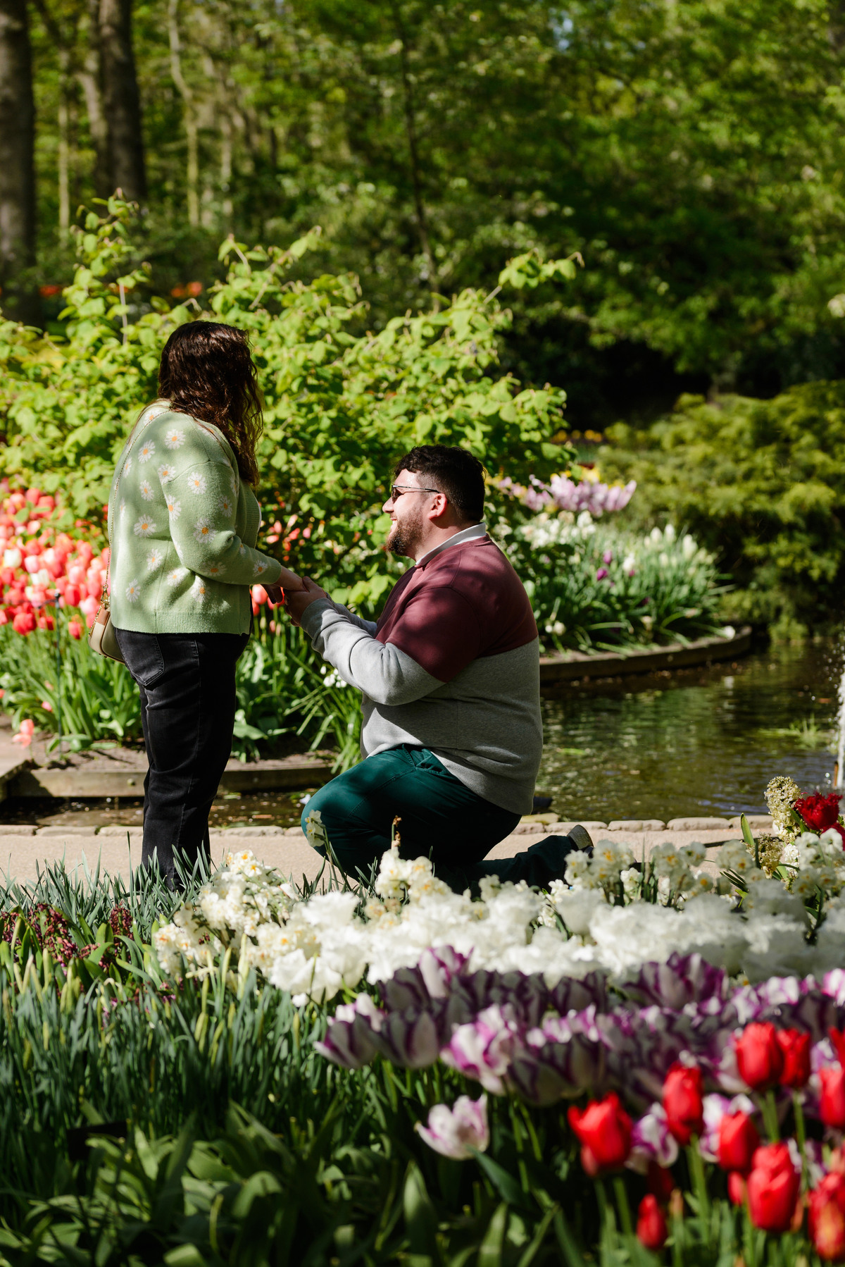 Emotional marriage proposal captured at Keukenhof Gardens.