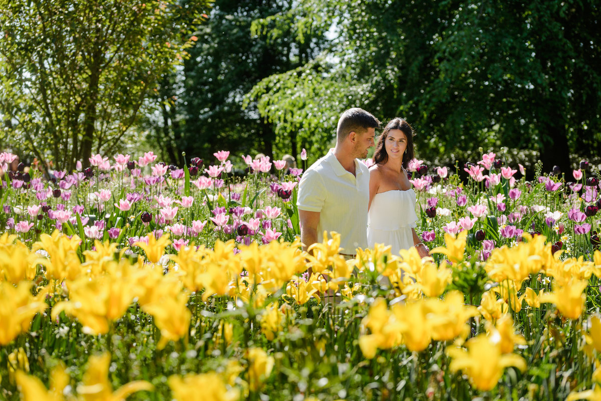 Newly engaged couple enjoying the colourful gardens of Keukenhof.