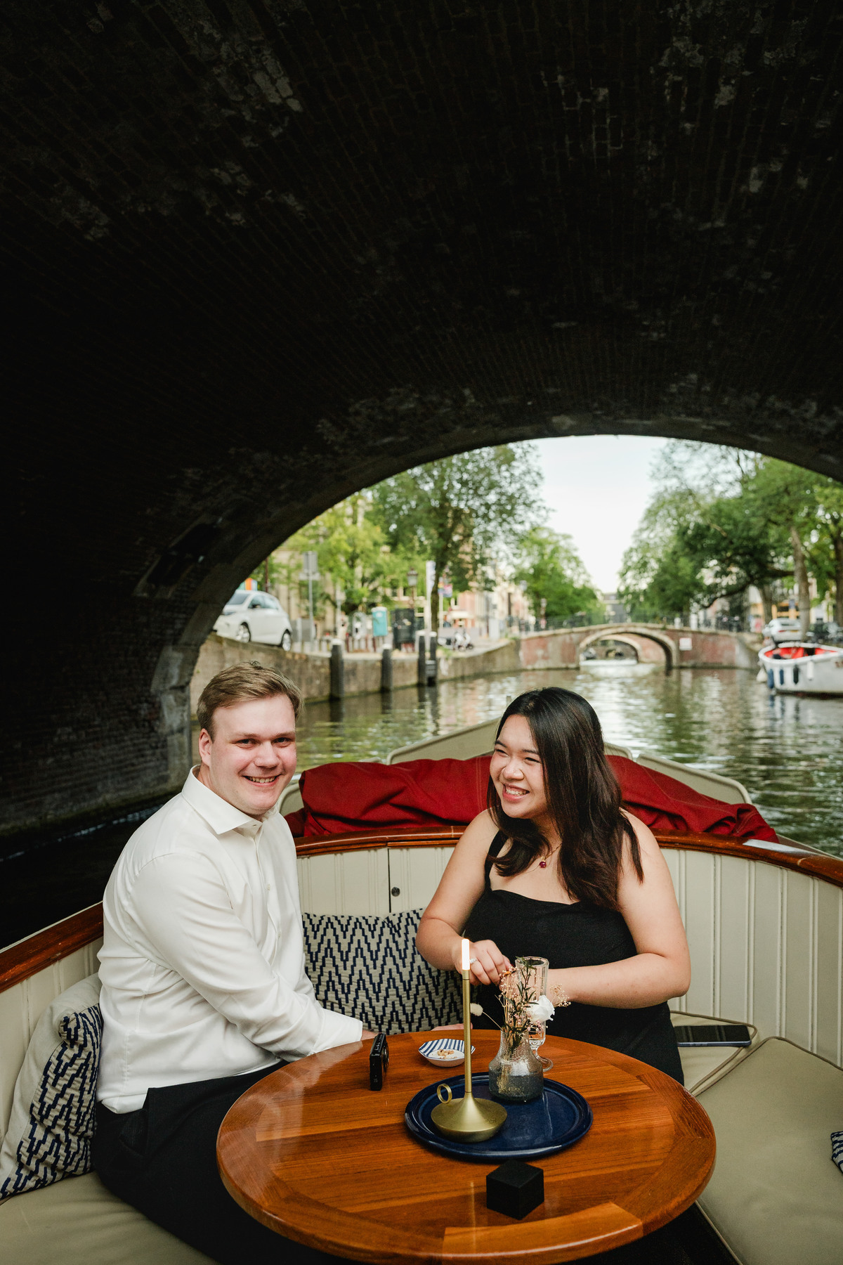 Engagement portraits aboard a private Amsterdam canal boat
