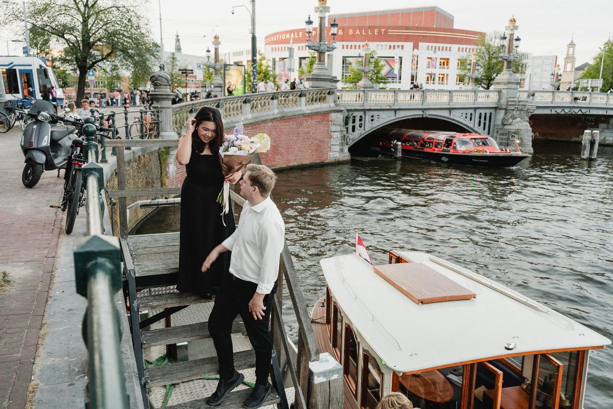 Engagement portraits aboard a private Amsterdam canal boat
