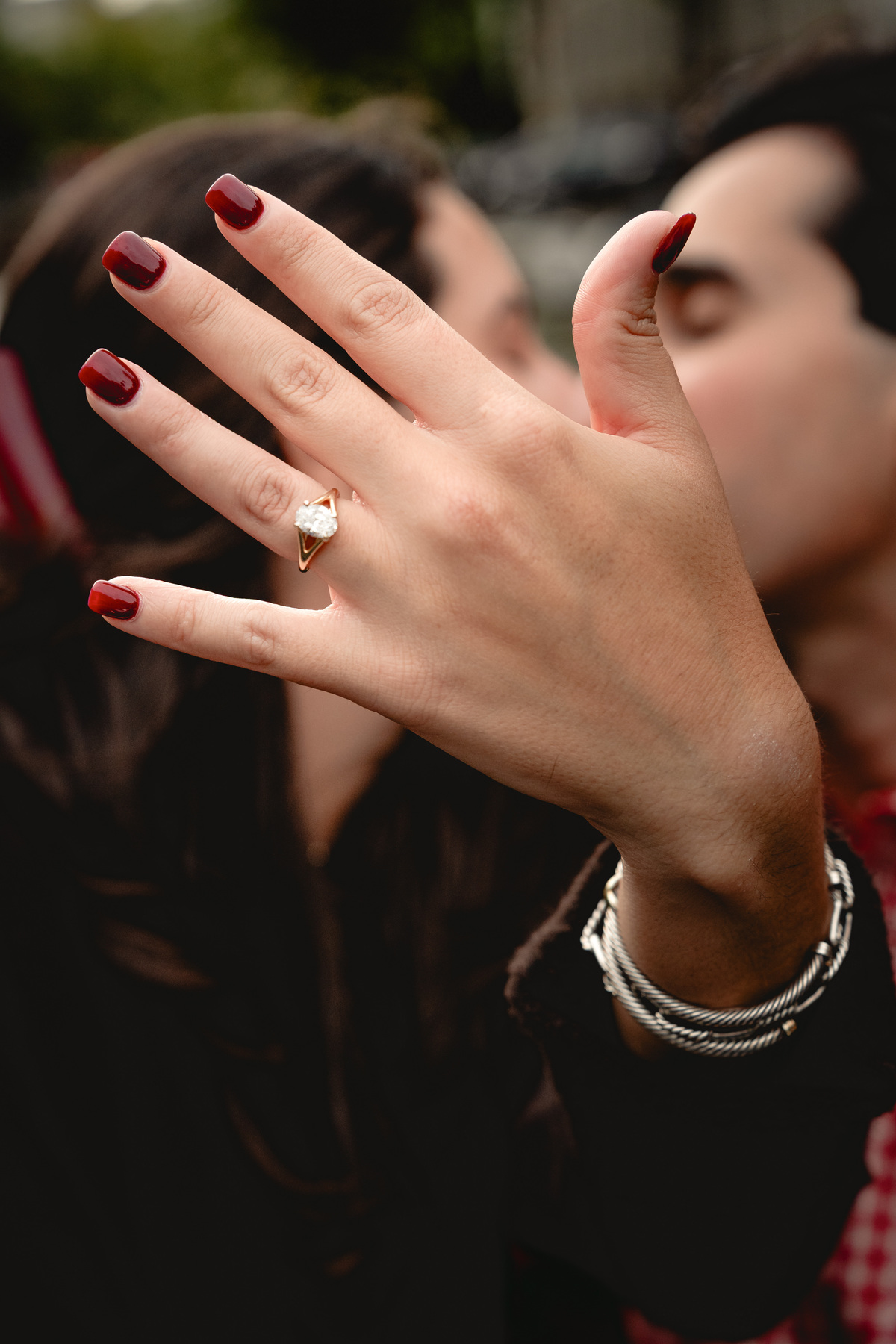 Close-up of a new engagement ring on her hand.