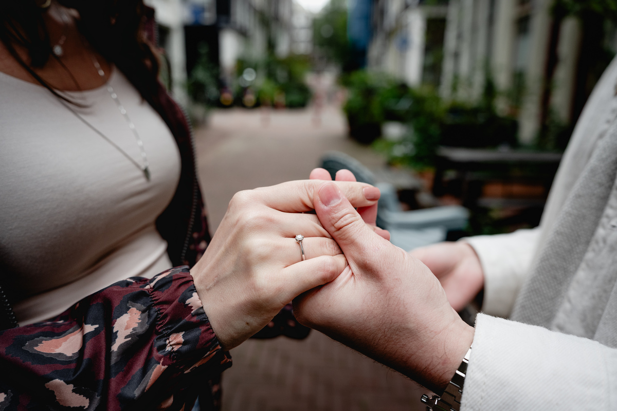 Close-up of a new engagement ring on her hand.