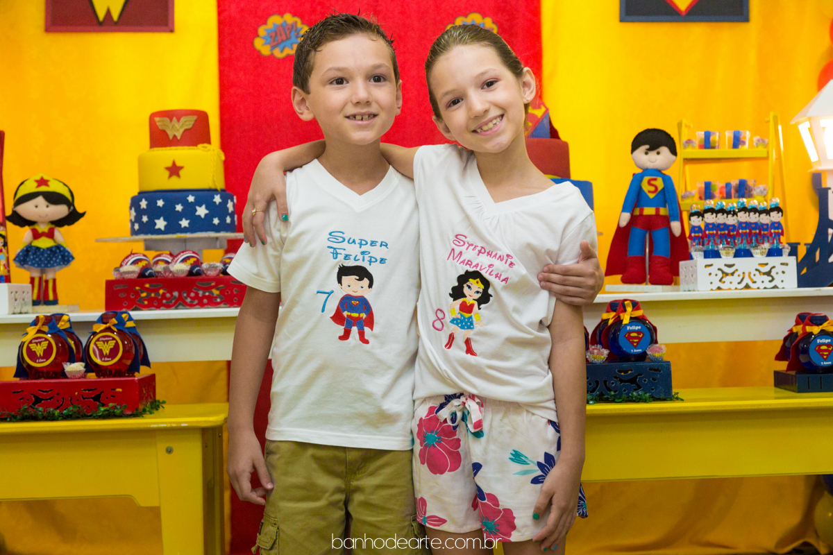 Aniversário Infantil | Tema Super Homem e Mulher Maravilha  | Stephanie e Felipe | Amor entre irmãos