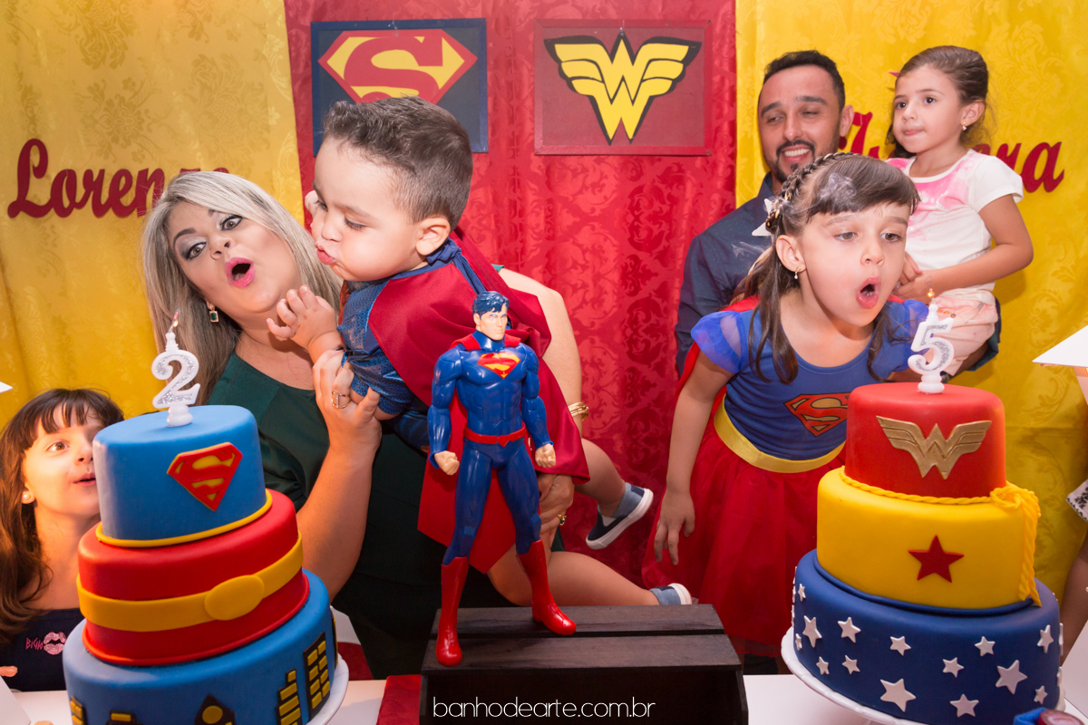 Aniversário tema Super Homem e Mulher Maravilha | Isadora e Lorenzo