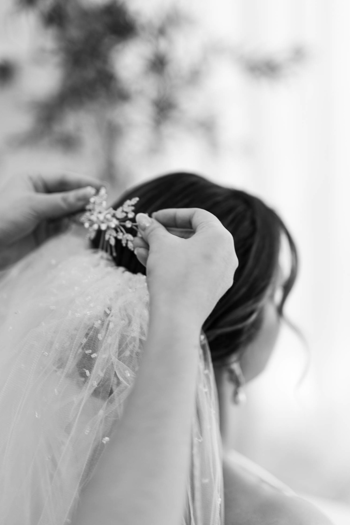 Noiva linda colocando o véu e a grinalda para seu casamento