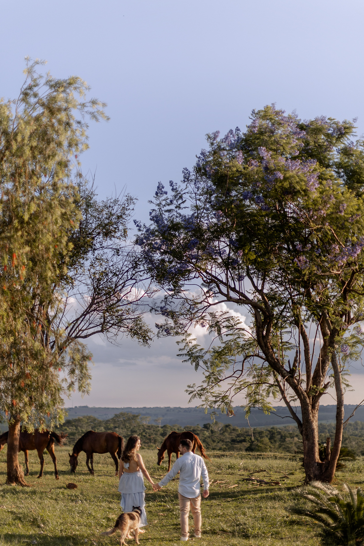 casal caminhando no campo