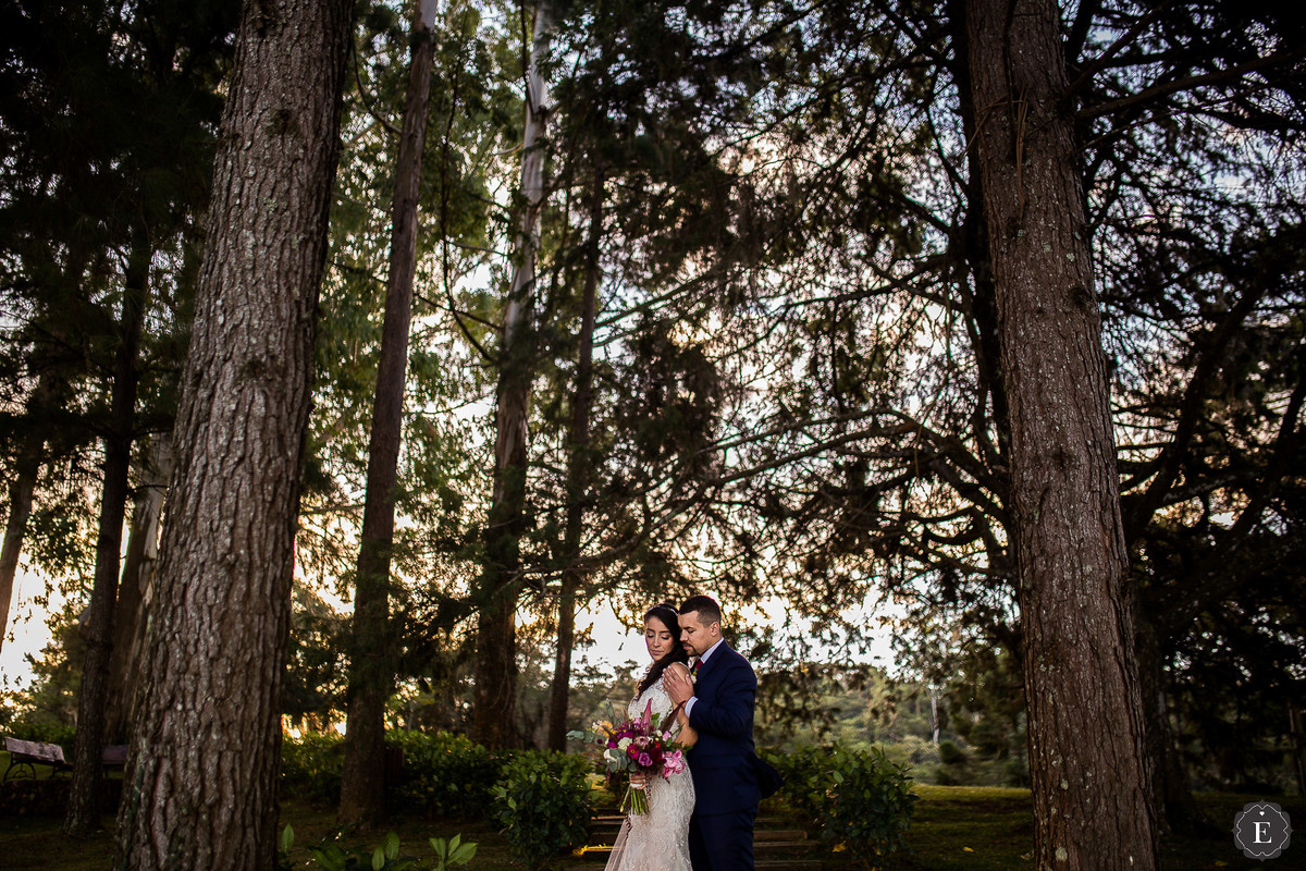 noivos abraçados em casamento com arvores no parana