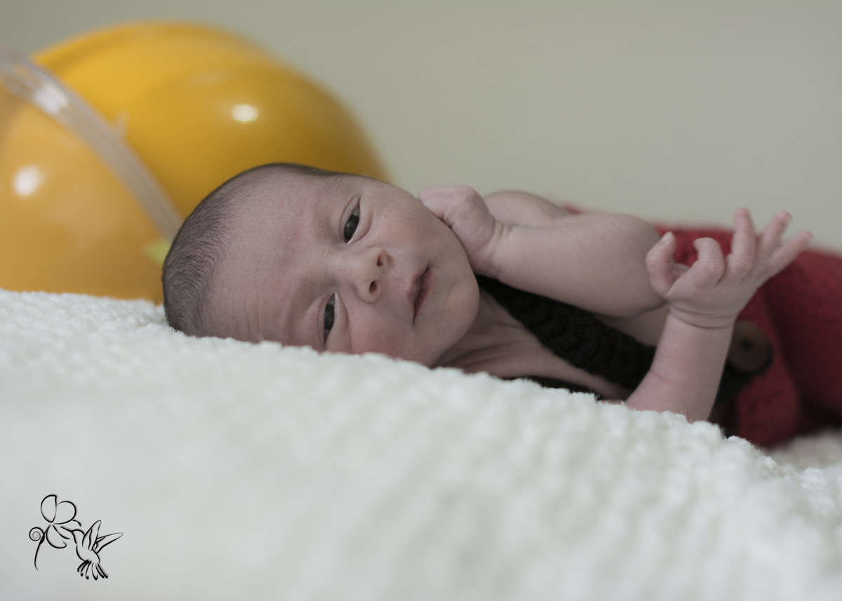 FOTÓGRADA DE FAMÍLIA BY ELI MATOS registra recém nascido com um caoacete de bombeiros ao fundo