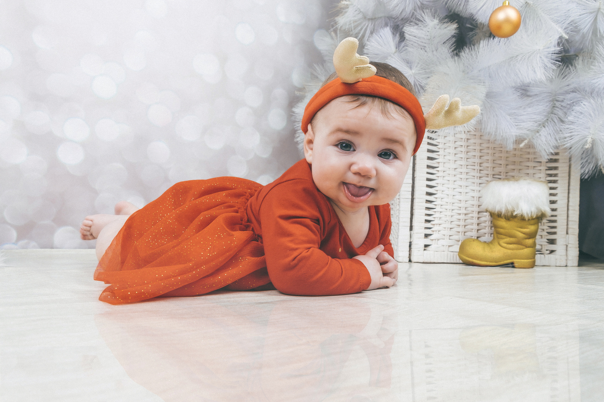 Iris na sessão fotográfica na árvore de natal