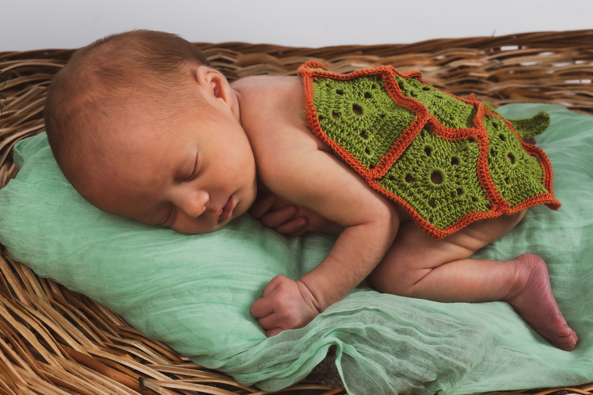 Sessão fotográfica a recém-nascido vestida de tartaruga 