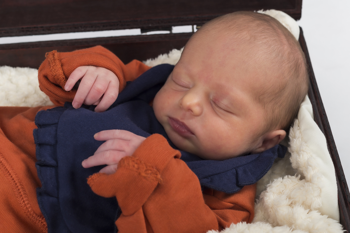 Sessão fotográfica a recém-nascido a dormir numa mala