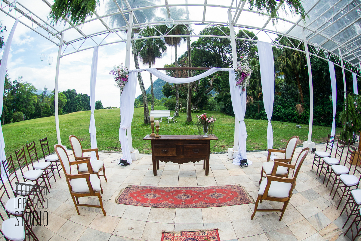 Área da cerimônia na varanda da Mansão das Heras, no Alto da Boa Vista